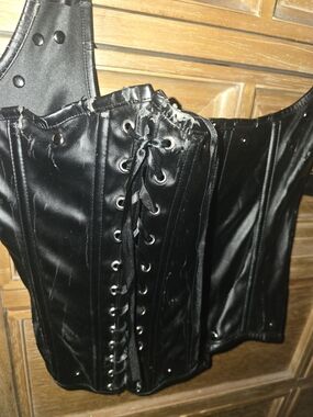 Black Pleather Lace-Up Corset Top With Silver Buckles
